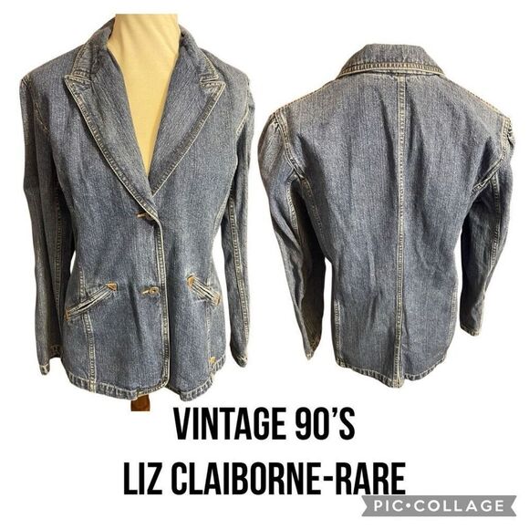 Vintage Liz Claiborne Lizwear Denim Blazer - 90s RARE Classic Jacket Size Large - Picture 1 of 12